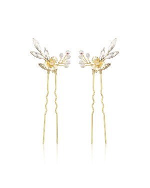 Goldfarbene Haarnadeln AMELIA mit Strass Blatt und Kristallperlen von Sternenauge