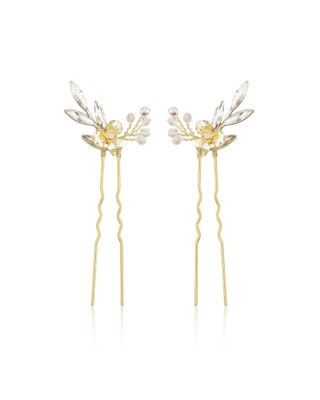 Goldfarbene Haarnadeln AMELIA mit Strass Blatt und Kristallperlen von Sternenauge