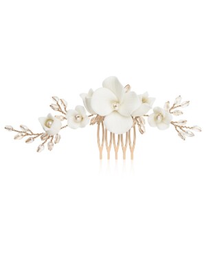 Sternenauge großer floraler Haarschmuck ALBA für die Braut mit üppigen Keramikblumen und Süßwasserperlen in Roségold