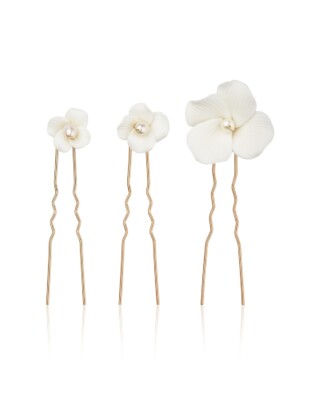 Roségoldfarbene Haarnadeln 3-er Set ALBA mit weißen Blumen und Perle von Sternenauge