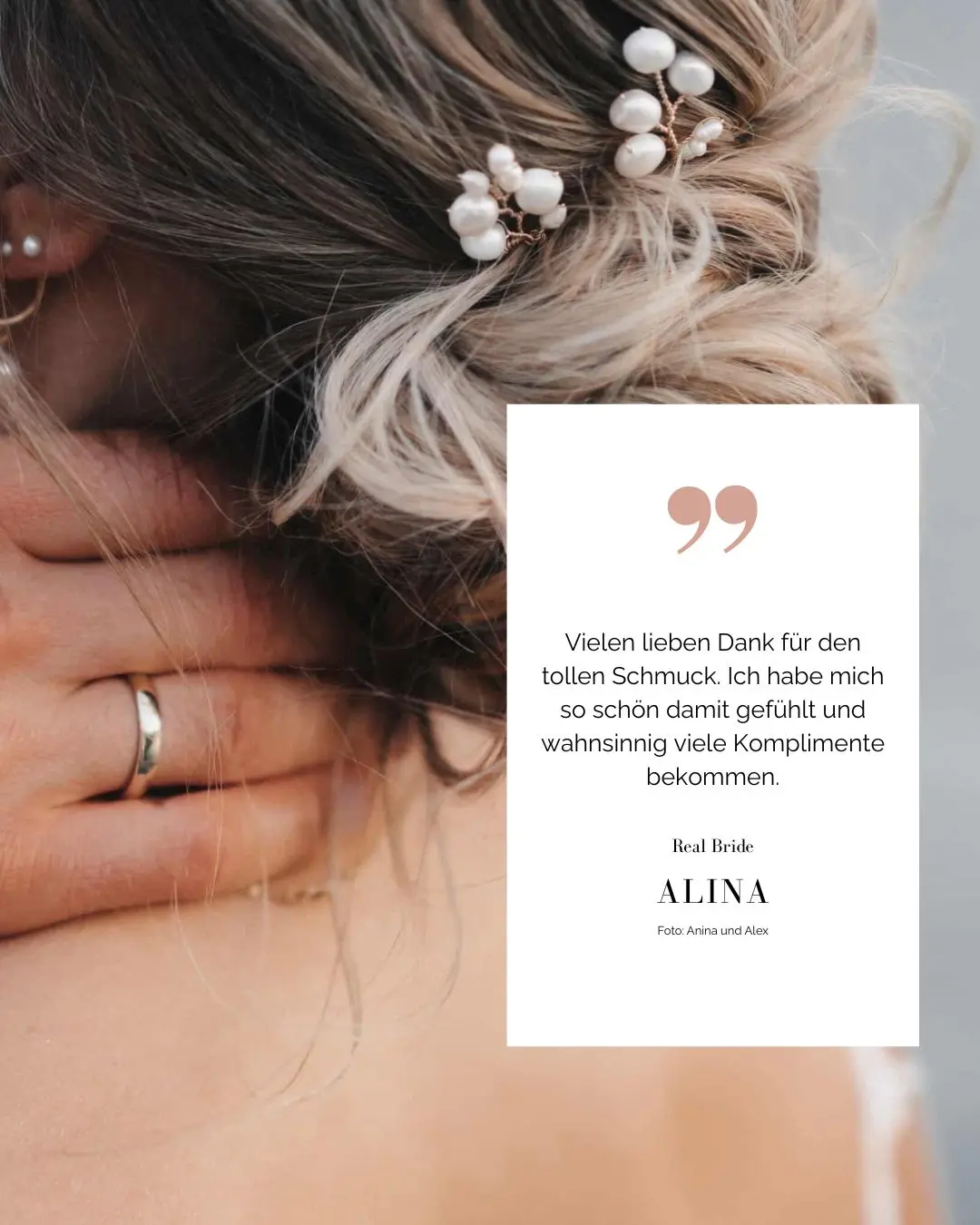 Testimonial von Real Bride Alina mit ihrer Erfahrung zu den Perlen-Haarnadeln Leonie von Sternenauge im Haar.
