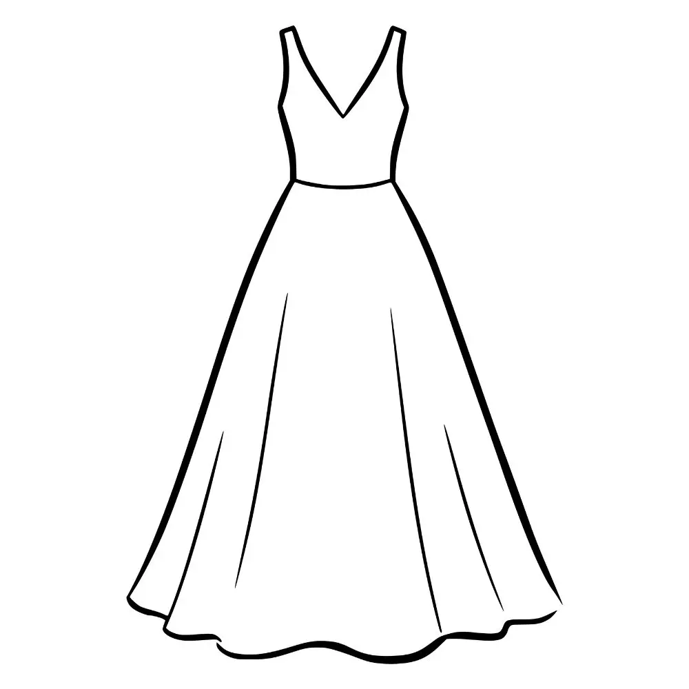 Minimalistisches Linien-Icon eines Brautkleides mit V-Ausschnitt zur Veranschaulichung der passenden Ausschnittformen zum Brautschmuck von Sternenauge.