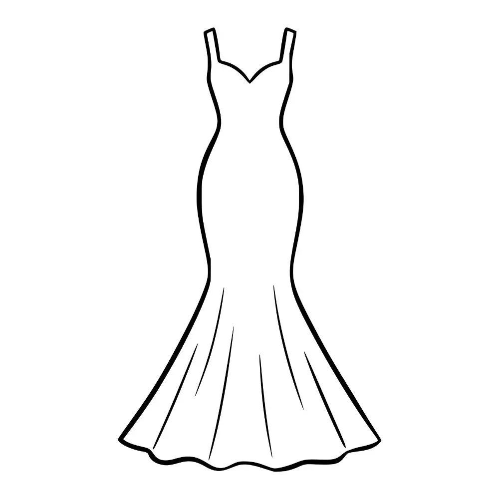 Eine elegante Strichzeichnung eines weißen Hochzeitskleides im Meerjungfrauen-Stil mit feinen Konturen. Das edle Kleid-Symbol dient als globales Icon für abgestimmten Brautschmuck von Sternenauge.