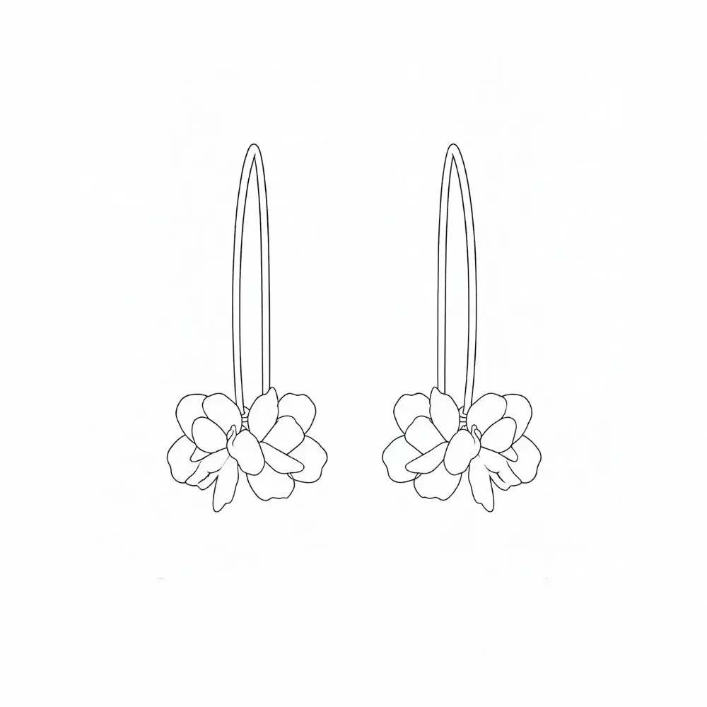 Minimalistische Line-Art-Illustration der Valeria Ohrhänger von Sternenauge. Die zarte Schwarz-Weiß-Grafik zeigt die langen, geschwungenen Ohrhaken mit den filigranen, handgeformten Blumen-Blüten.