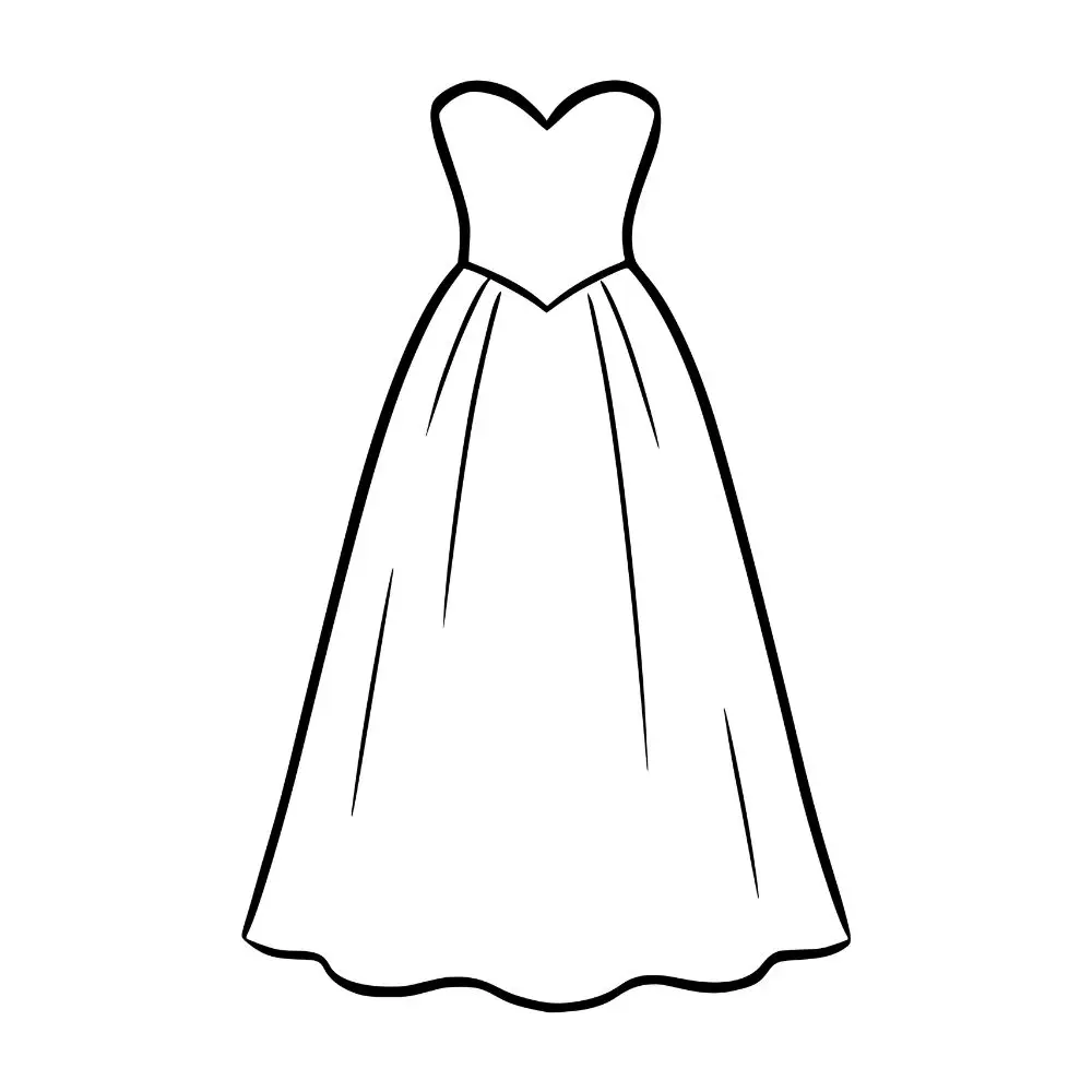 Minimalistisches Line-Art-Icon eines eleganten A-Linien-Brautkleids ohne Träger mit herzförmigem Ausschnitt für Hochzeits-Accessoires.