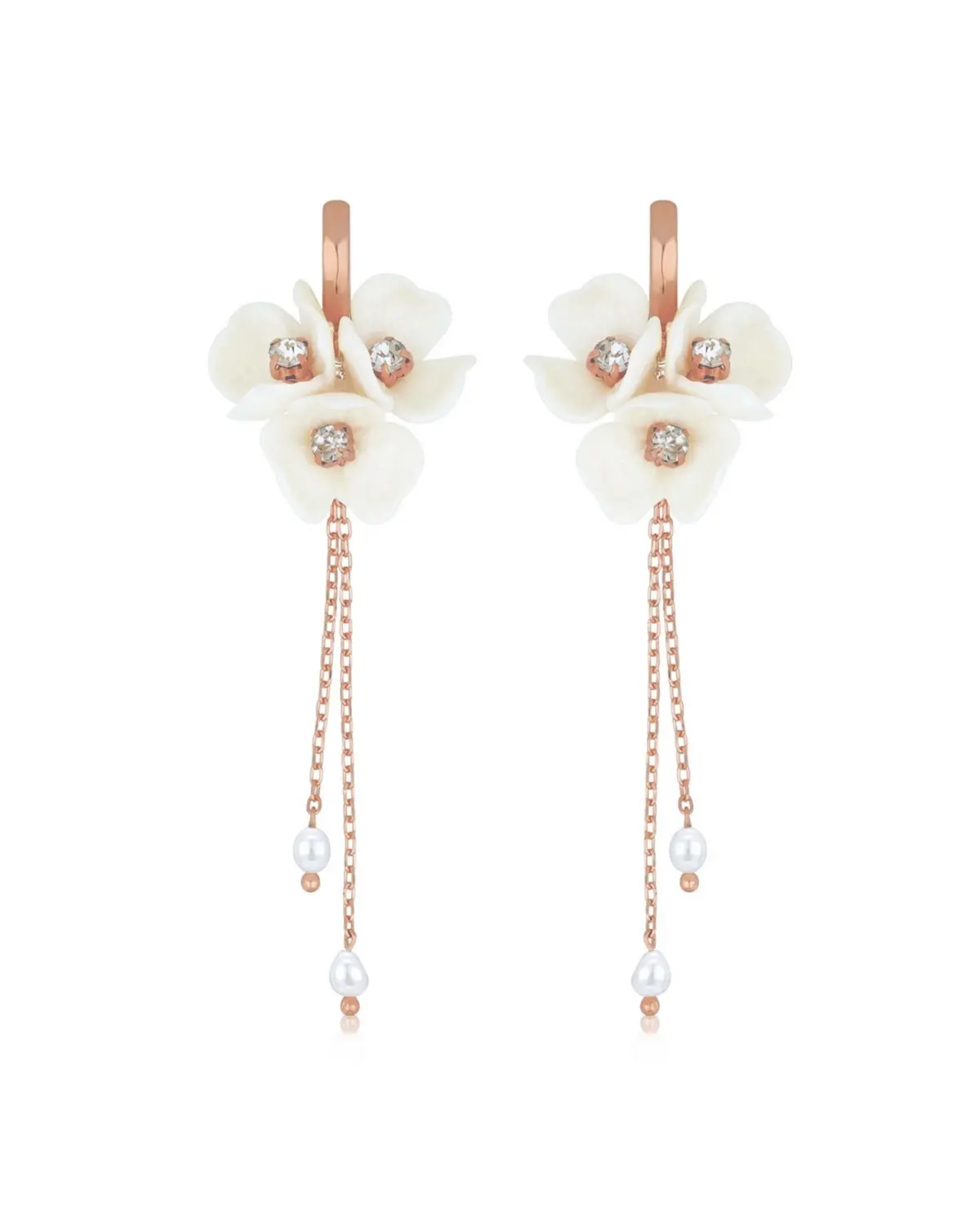 Romantische lange Statement-Ohrringe mit zarten Blüten, Strass und fließenden Ketten für die Braut aus 925 Sterling Silber 18K Rosévergoldung