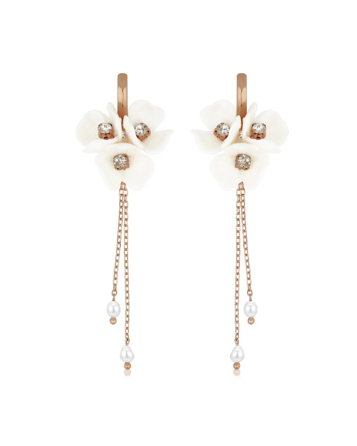 Romantische lange Statement-Ohrringe mit zarten Blรผten, Strass und flieรenden Ketten fรผr die Braut aus 925 Sterling Silber 18K Rosรฉvergoldung