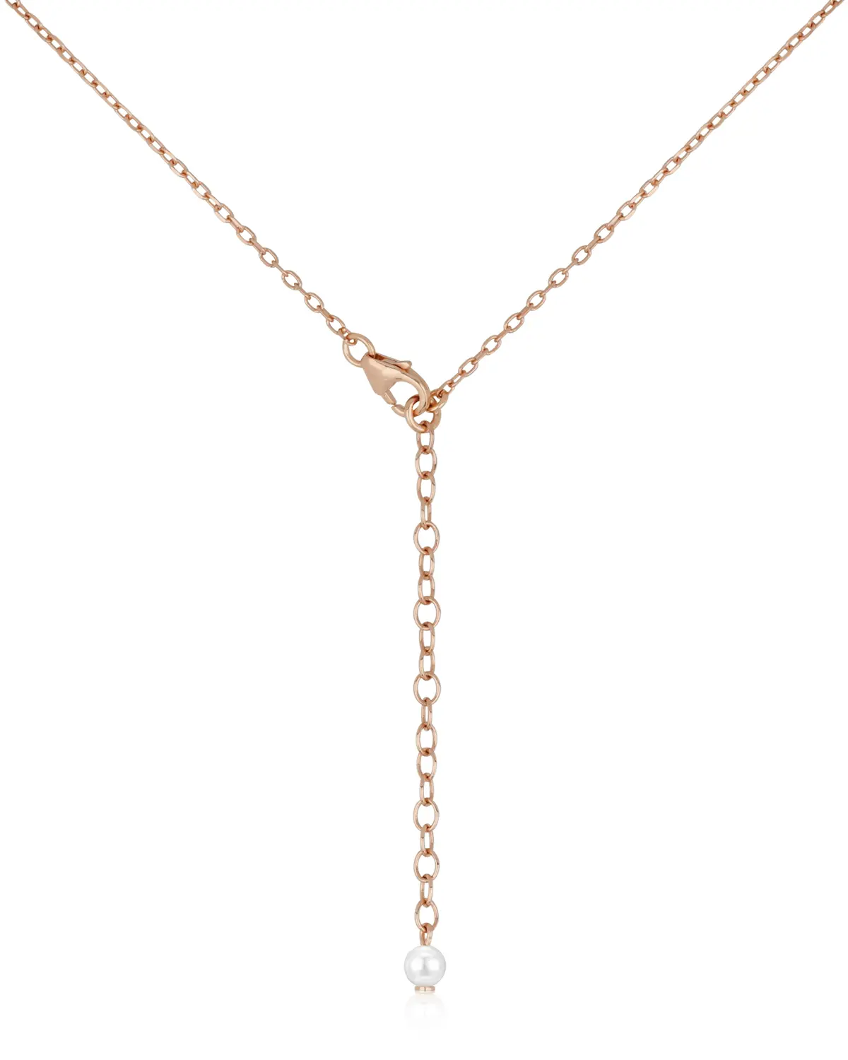 Detailaufnahme des Karabinerverschlusses als filigranes Y-Rückenelement der Sternenauge Annouk Perlenkette aus 925 Sterling Silber 18k-rosévergoldet