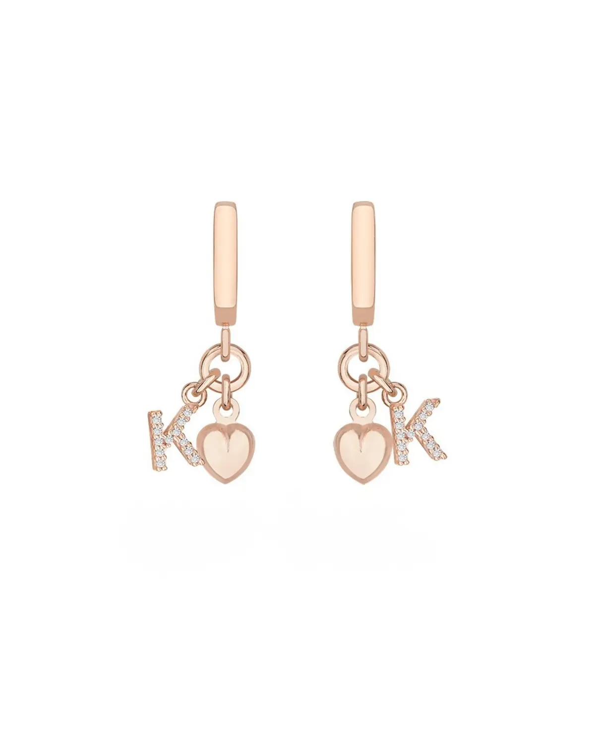 Moderne Creolen mit Buchstaben Zirkonia Anhänger und Herz aus 925 Sterling Silber mit 18K-Rosévergoldung aus der Sternenauge Manufaktur