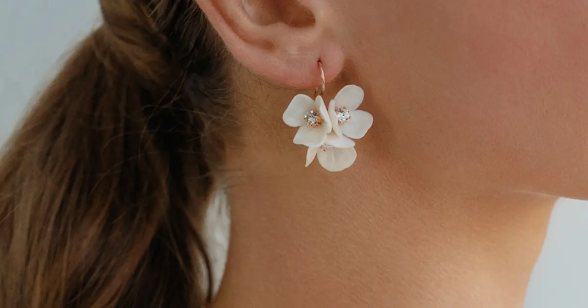 Nahaufnahme von floralen Ohrringen aus 925 Sterling Silber mit weißen Blüten-Motiven und fein funkelnden Schmucksteinen