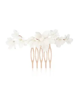 Handgefertigter Braut-Haarkamm Valeria mit weißen Blumen in Roségold-Optik