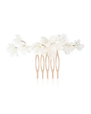 Handgefertigter Braut-Haarkamm Valeria mit weißen Blumen in Roségold-Optik