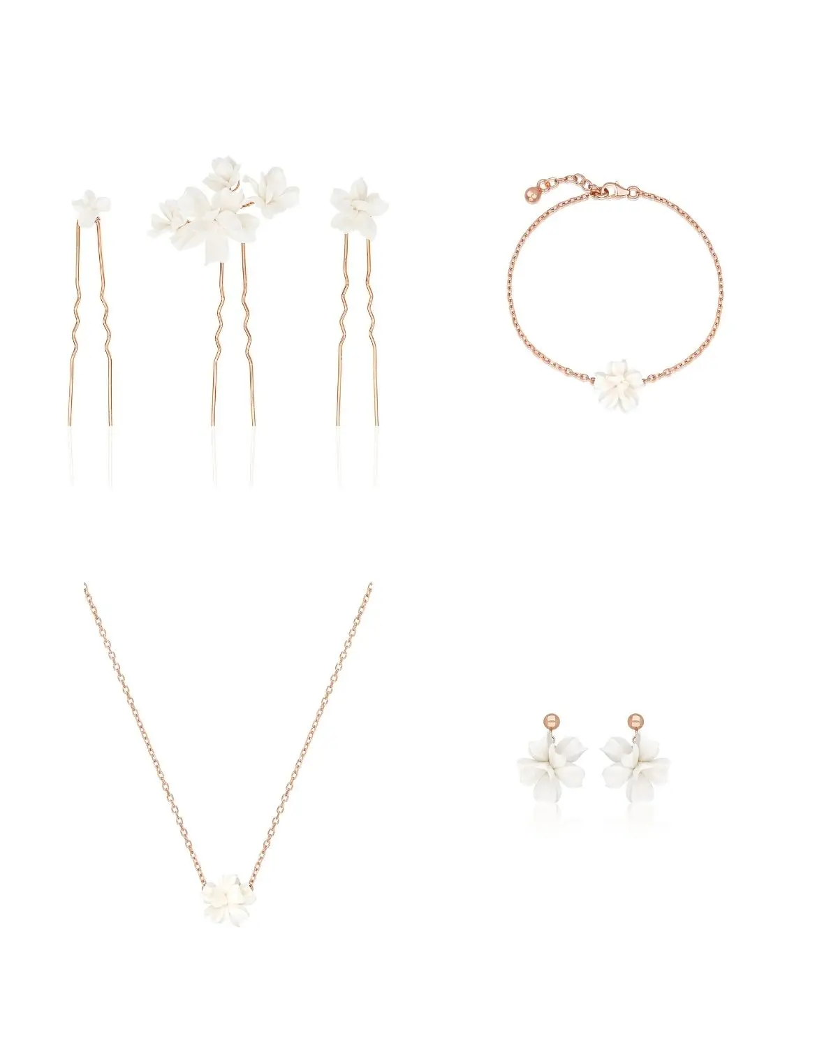 Produktfoto des 4-teiligen Brautschmuck-Sets Valeria III auf rein weißem Hintergrund. Abgebildet sind im Uhrzeigersinn: Ein Set aus drei floralen Haarnadeln, ein Gliederarmband, ein Paar Ohrhänger und eine Halskette mit rosévergoldeten Elementen.